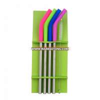 4 piece Eco-friendly Reusable Edible Colorful Silicone Tips Stainless Steel Straws Set With Brush