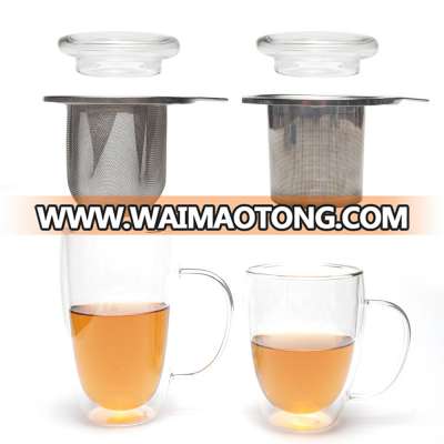 Custom Reusable Drinking Tea Coffee Double Wall Glass Cup with Handle and Infuser